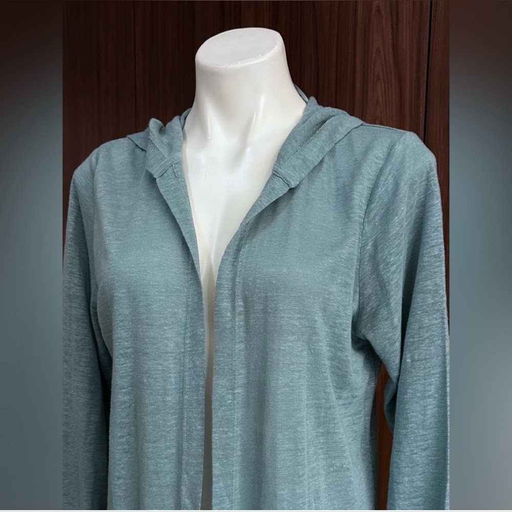 Cynthia Rowley Light Blue Hooded OpenFront Cardigan 100% Linen Large Lightweight